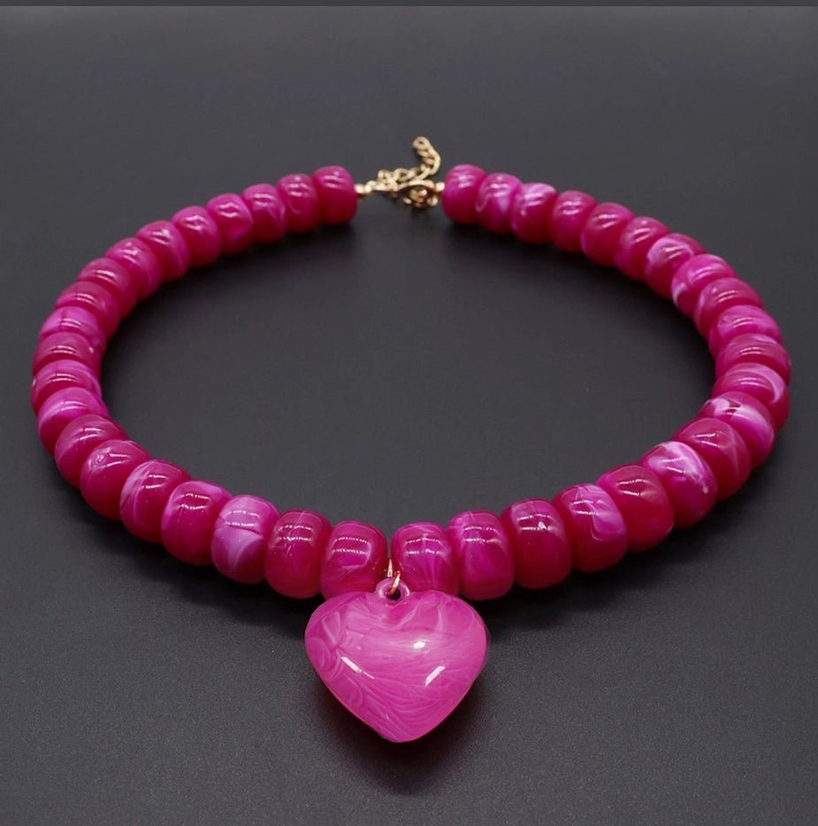 Heart Pendant Resin Beaded Necklace In Fuchsia - Infinity Raine