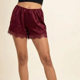Crinckled Satin Lace Hem Shorts In Wine