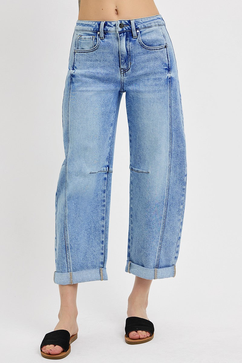 High Rise Crop Barrel Cuffed Stretchy Jeans - Infinity Raine