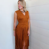 Suede V-Neck Fringe Tiered Dress In Camel