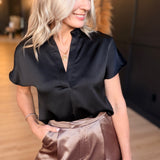 Drop Shoulder Blouse in Crinkle Satin In Black