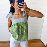 Floral Printed Knot Straps Babydoll Tank Top In Green