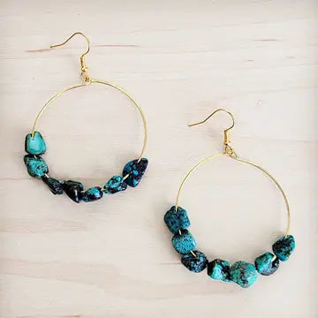 Beaded Hoop Earrings Genuine Natural Turquoise Stones - Infinity Raine
