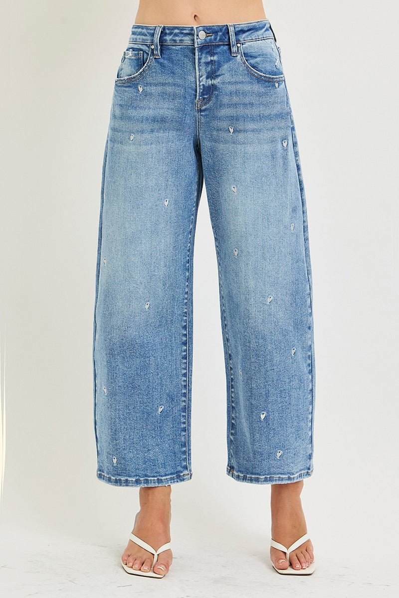 Slouchy Crop Barrel Embroidered Hearts Stretchy Jeans - Infinity Raine