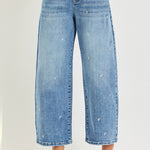 Slouchy Crop Barrel Embroidered Hearts Stretchy Jeans - Infinity Raine