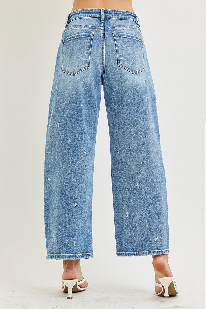 Slouchy Crop Barrel Embroidered Hearts Stretchy Jeans - Infinity Raine