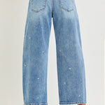 Slouchy Crop Barrel Embroidered Hearts Stretchy Jeans - Infinity Raine