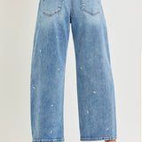 Slouchy Crop Barrel Embroidered Hearts Stretchy Jeans - Infinity Raine