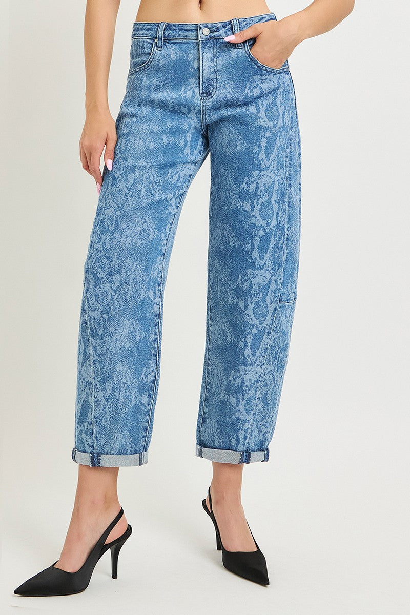Slouchy Crop Barrel Python Print Roll-Up Cuffed Jeans - Infinity Raine