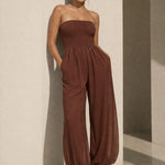 Yoru Chiffon Smocked Tube Balloon Jumpsuit In Brown - Infinity Raine