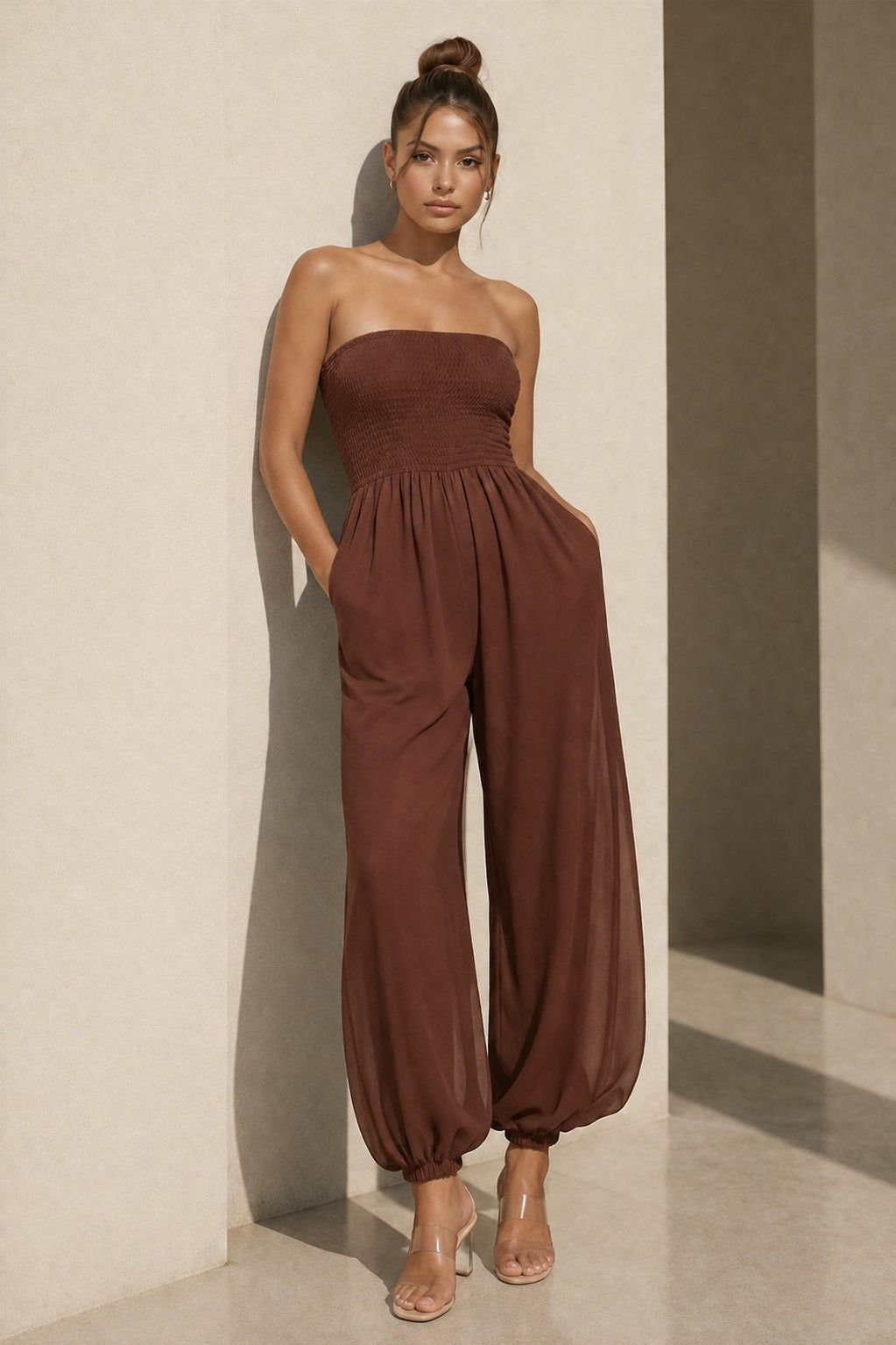 Yoru Chiffon Smocked Tube Balloon Jumpsuit In Brown - Infinity Raine