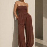 Yoru Chiffon Smocked Tube Balloon Jumpsuit In Brown - Infinity Raine