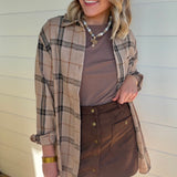 Soft Fabric Plaid Loose Fit Button Down Shirt In Tan