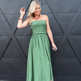 Strapless Shirred Side Tie Detail Midi Dress – Green