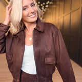 Risk Taker Faux Suede Jacket In Dark Brown