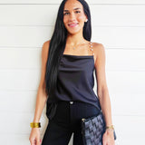 Pearl Chain Strap Satin Cowl Neck Cami Top In Black