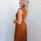 Suede V-Neck Fringe Tiered Dress In Camel