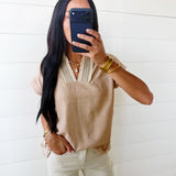 Crochet Lace Accent Pullover Rolled Blouse In Parchment