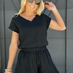 Cotton V-Neck Top and Shorts Set In Black - Infinity Raine