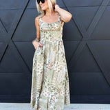 Patchwork Print Front Tie Maxi Dress in Olive Green