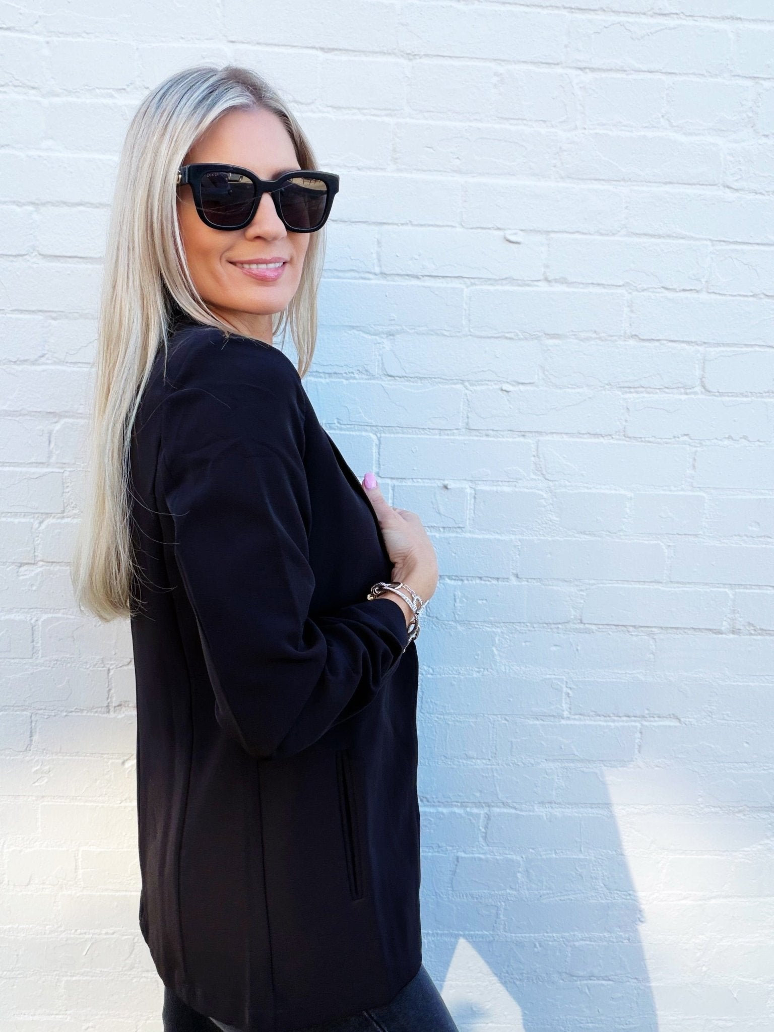 3/4 Ruched Sleeve Blazer In Black - Infinity Raine