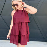 Tiered Texture Halter Mini Dress In Burgundy