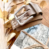 Embroidered Floral Print Vegan Leather Belt In Khaki - Infinity Raine