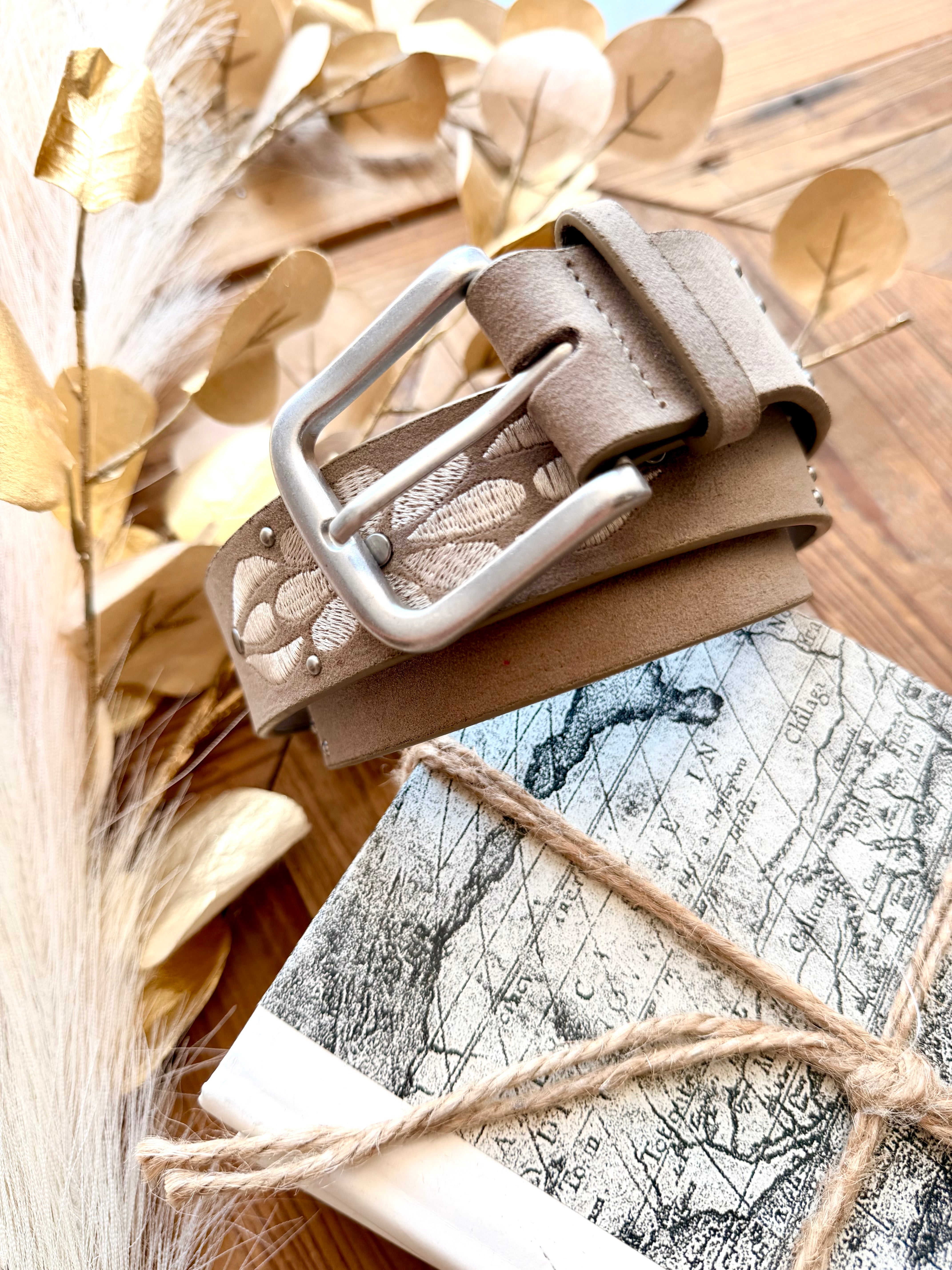 Embroidered Floral Print Vegan Leather Belt In Khaki - Infinity Raine