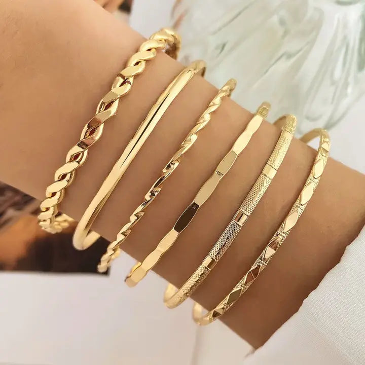 Gold Layered Bangle Set - Mixed Texture Stack - Infinity Raine