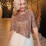 Sequin Draped Asymmetric Poncho Top In Dusty Gold