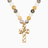 Hammered Cross Pendant Beaded Statement Necklace
