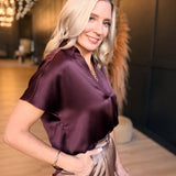 Drop Shoulder Blouse in Crinkle Satin In Dark Wine