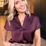 Drop Shoulder Blouse in Crinkle Satin In Dark Wine