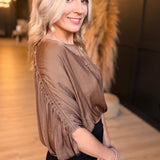 Shirred Bat Sleeve Blouse With Elastic Waist In Cocoa Dust