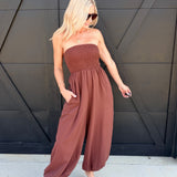 Yoru Chiffon Smocked Tube Balloon Jumpsuit In Brown