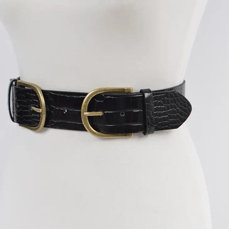 Two Buckle Faux Croc Leather Waist Belt-Black - Infinity Raine