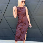 3D Floral Mesh Side Slit Midi Dress in Brown - Infinity Raine