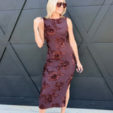 3D Floral Mesh Side Slit Midi Dress in Brown - Infinity Raine