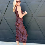 3D Floral Mesh Side Slit Midi Dress in Brown - Infinity Raine