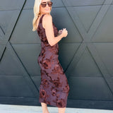 3D Floral Mesh Side Slit Midi Dress in Brown - Infinity Raine