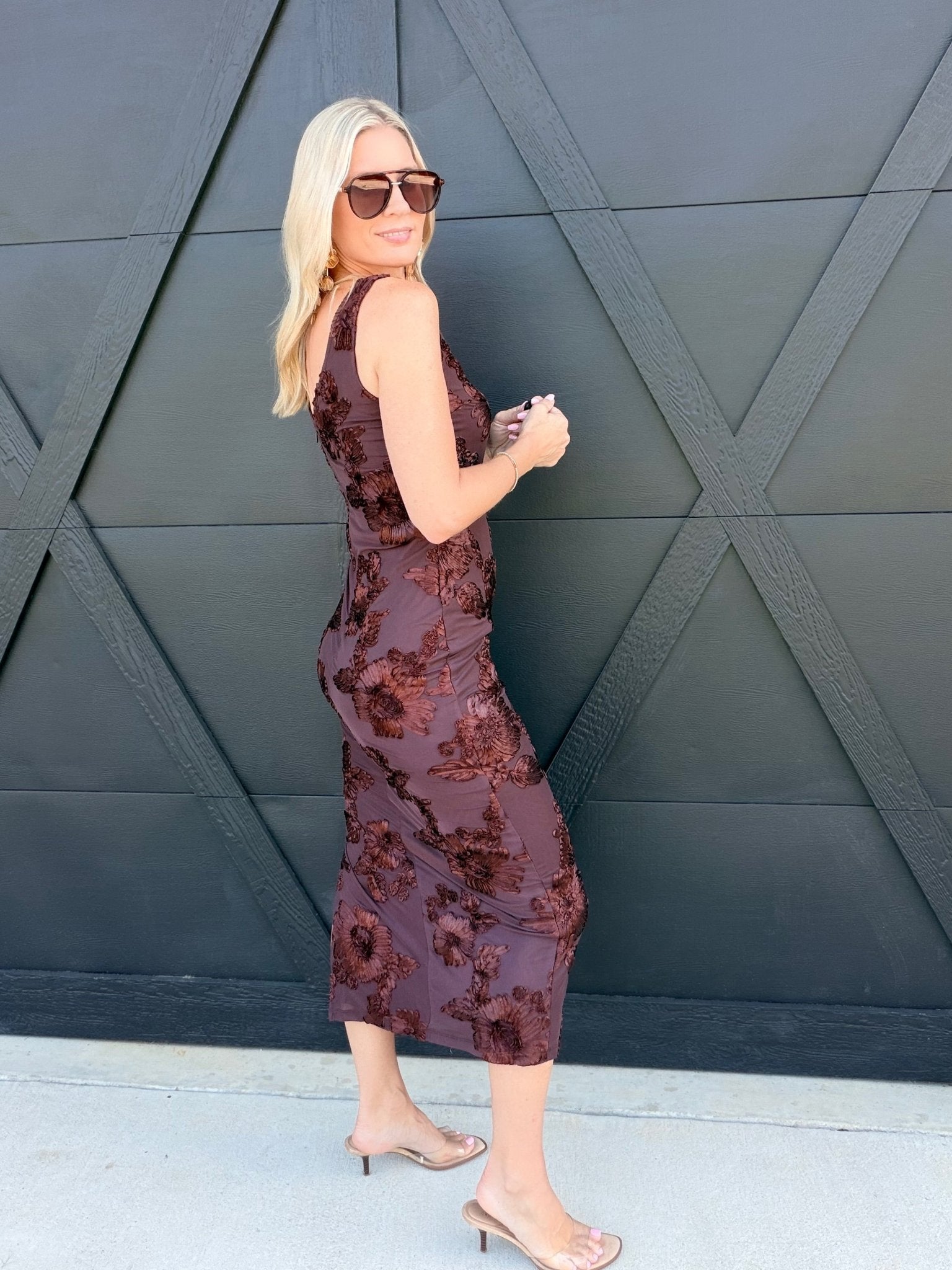 3D Floral Mesh Side Slit Midi Dress in Brown - Infinity Raine