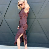 3D Floral Mesh Side Slit Midi Dress in Brown - Infinity Raine