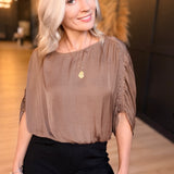 Shirred Bat Sleeve Blouse With Elastic Waist In Cocoa Dust