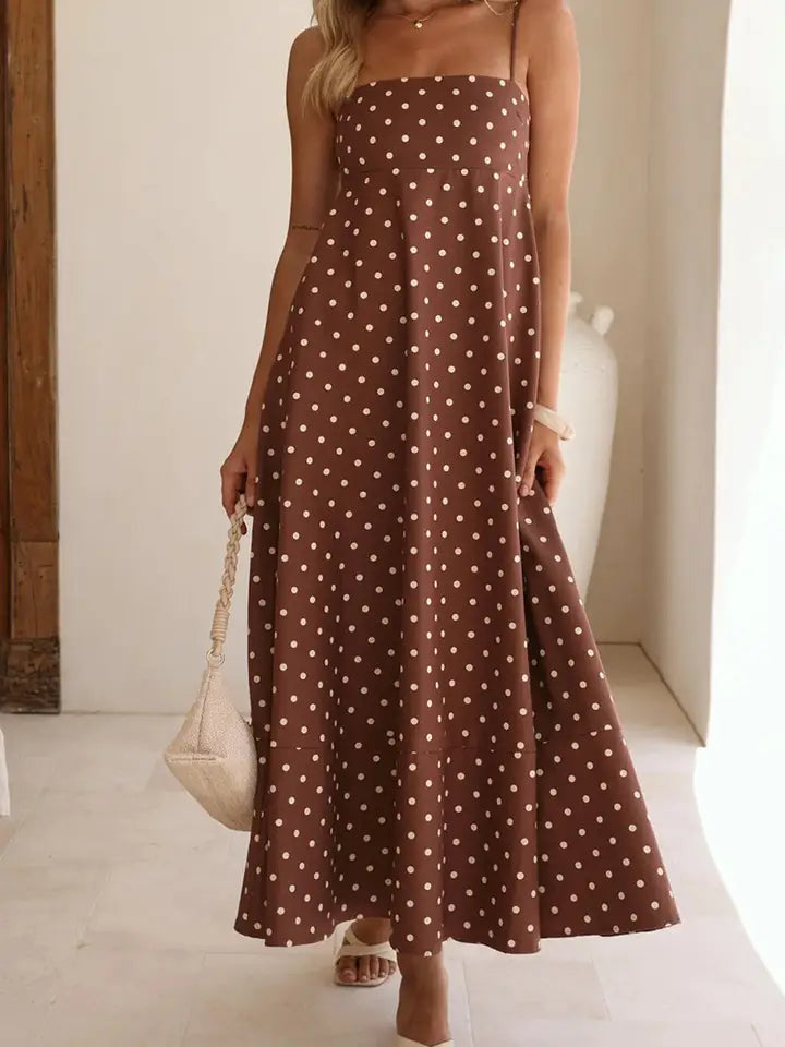 Polka Dot Strappy Maxi Dress In Coffee - Infinity Raine