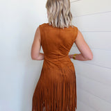 Suede V-Neck Fringe Tiered Dress In Camel