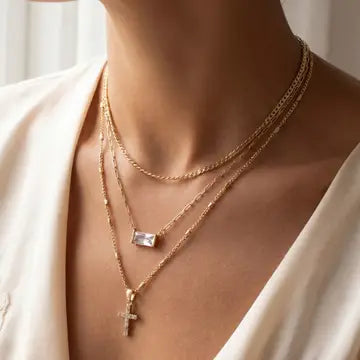 Triple Layered Chain Pave Cross Pendant Necklace - Infinity Raine