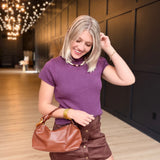 Mock Neck Short Sleeve Knit Top- Red Bean