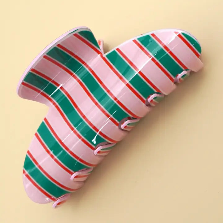 Jumbo Stripe Plaid Oval Hair Claw Clips In Pink And Green - Infinity Raine