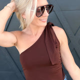 Eve Tie Neck Sleeveless Knit Top In Espresso