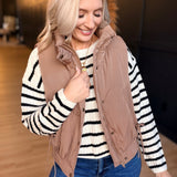 Wave Quilted Snap-Front Stand Collar Vest In Mocha